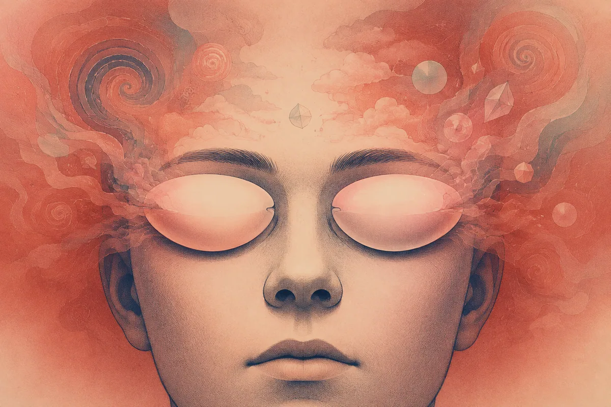 Primer plano de un rostro con los ojos cubiertos y formas oníricas que ilustran el efecto Ganzfeld