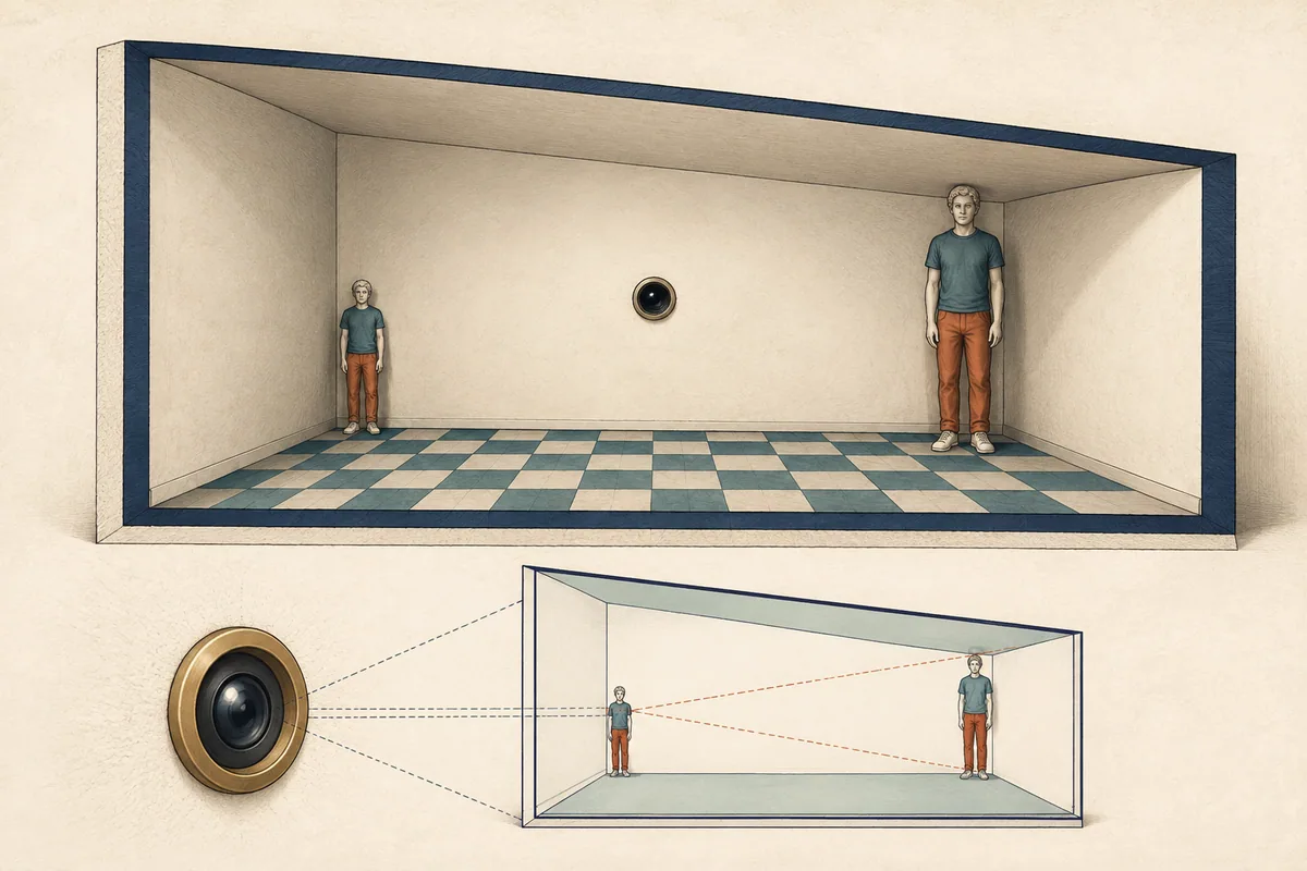 Habitación de Ames deformada en la que dos figuras iguales parecen tener tamaños muy distintos