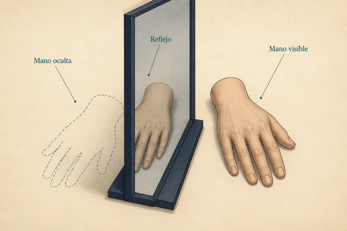 Esquema de la ilusión del espejo: mano visible, reflejo y contorno discontinuo de la mano oculta