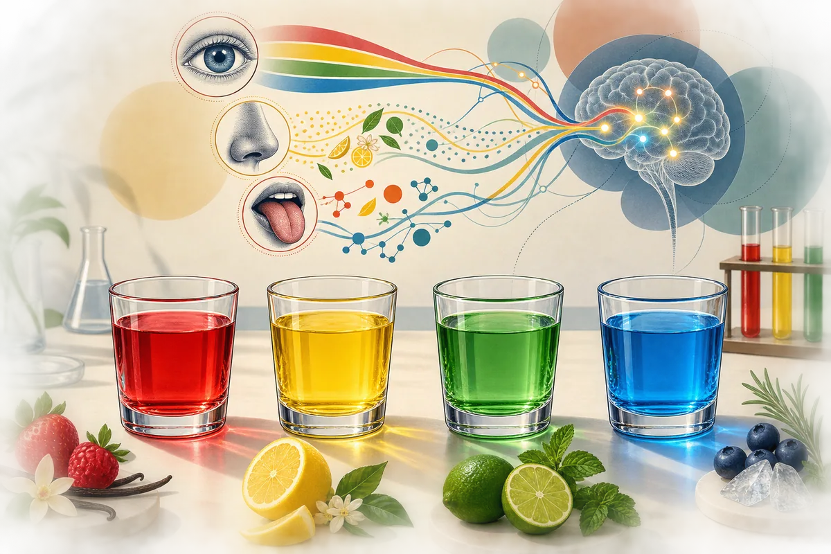 Bebidas de distintos colores e ilustración de cómo el cerebro integra la vista, el olfato y el gusto
