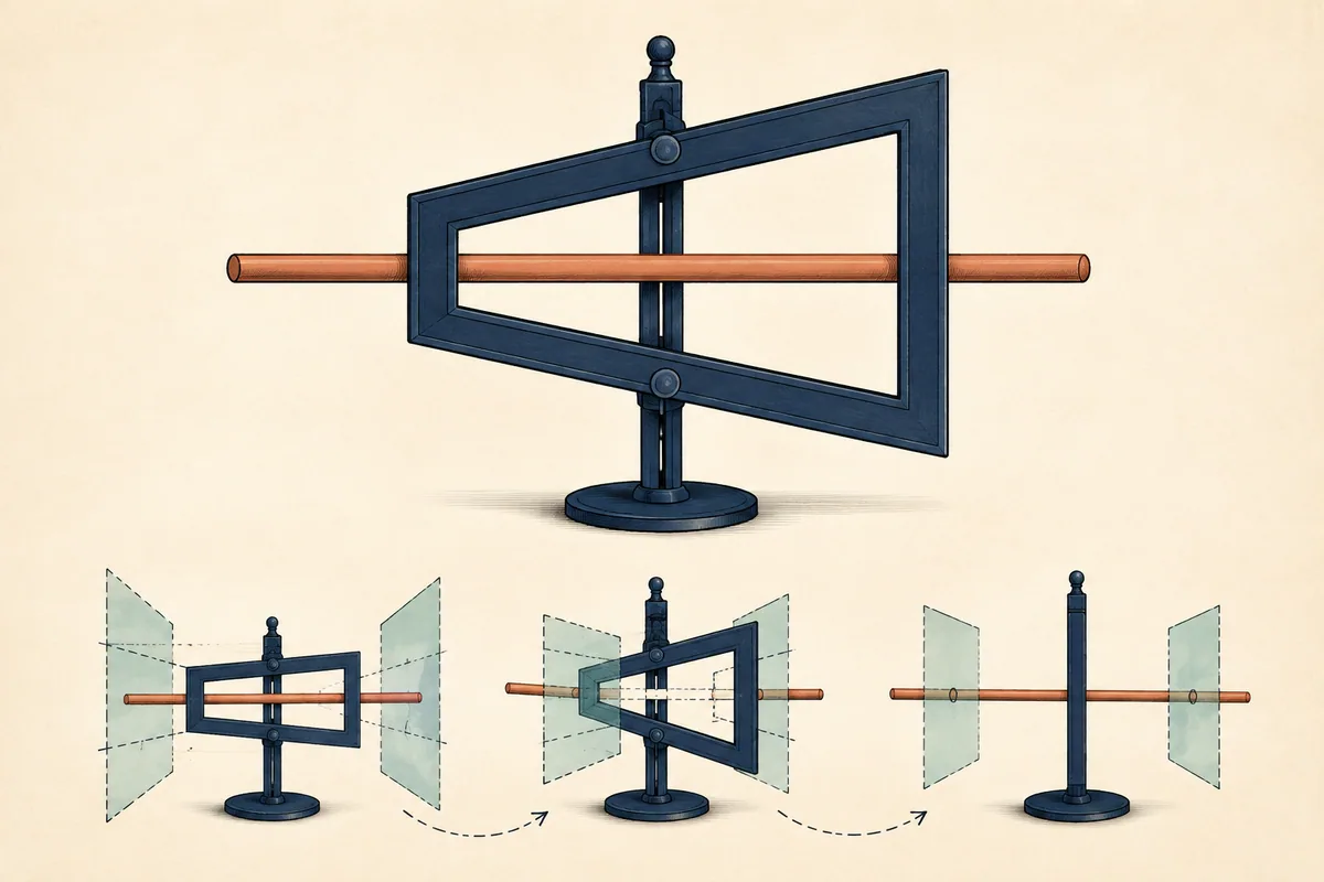 Ilustración de una ventana trapezoidal de Ames girando sobre un eje y atravesada por una varilla